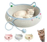 Handwoven Cat Basket with Hanging Ball Toy, Natural Rope Cat Bed，Blue：L | Cosy Cotton Round Sleeping Nest with Cute Cat Ear Handles and Knotted Toy for Indoor Cats, Kittens and Pets