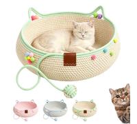 Handwoven Cat Basket with Hanging Ball Toy, Natural Rope Cat Bed，Green：S | Cosy Cotton Round Sleeping Nest with Cute Cat Ear Handles and Knotted Toy for Indoor Cats, Kittens and Pets