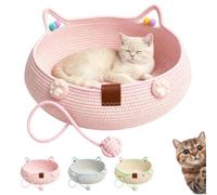 Handwoven Cat Basket with Hanging Ball Toy, Natural Rope Cat Bed，Pink：L | Cosy Cotton Round Sleeping Nest with Cute Cat Ear Handles and Knotted Toy for Indoor Cats, Kittens and Pets