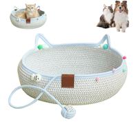 Handwoven Cotton Rope Cat Basket Bed with Cat Ear Handles, Round Woven Pet Nesting Bed with Hanging Ball Toy, Scratching Mat Cushion for Indoor Cats, Kittens & Small Dogs (Blue,Large)