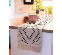 Handwoven Cotton Table Runner - 182 x 35cm Natural - Lines of Diamond Pattern - Textured Boho Dining Table Decor with Fringe for Rustic and Modern Homes