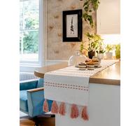 Handwoven Cotton Table Runner - Pastel Bohemian Tasselled Design - 178 x 37cm - White Base with Soft Accents - Lightweight, Washable and Decorative - Ideal for Dining and Console Tables