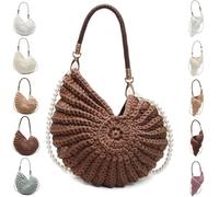 Handwoven Crochet Seashell Purse Bag with Pearl Strap Leather Handle & Premium Hardware, Boho Clutch Crossbody Conch Design, Beach Vacation Summer Fashion Tote(A brown)