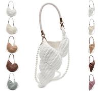 Handwoven Crochet Seashell Purse Bag with Pearl Strap Leather Handle & Premium Hardware, Boho Clutch Crossbody Conch Design, Beach Vacation Summer Fashion Tote(B white)