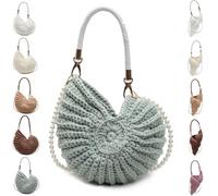 Handwoven Crochet Seashell Purse Bag with Pearl Strap Leather Handle & Premium Hardware, Boho Clutch Crossbody Conch Design, Beach Vacation Summer Fashion Tote(A blue)