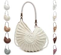 Handwoven Crochet Seashell Purse Bag with Pearl Strap Leather Handle & Premium Hardware, Boho Clutch Crossbody Conch Design, Beach Vacation Summer Fashion Tote(A cream)