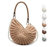Handwoven Fashion Seashell Bag,Boho Clutch with Pearl Strap,Crochet Beach Bags with Leather Handle & Premium Hardware (Khaki)