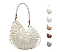 Handwoven Fashion Seashell Bag,Boho Clutch with Pearl Strap,Crochet Beach Bags with Leather Handle & Premium Hardware (Milky white)