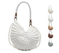 Handwoven Fashion Seashell Bag,Boho Clutch with Pearl Strap,Crochet Beach Bags with Leather Handle & Premium Hardware (White)