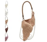 Handwoven Fashion Seashell Bag,Boho Clutch with Pearl Strap,Crochet Beach Bags with Leather Handle & Premium Hardware
