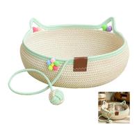 Handwoven Instinct Basket for Cats, Stimuli Cute Cat Ear Shape Cat Scratcher Bed with Hanging Rope Ball Toy, 2-in-1 Sleep & Play Natural Cotton Rope Pet Bed for Claw Care, Small Pets