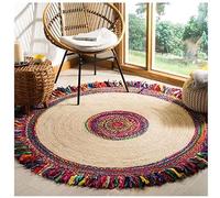 Handwoven Jute Chindi Rug - Round Braided Rug with Vibrant Recycled Fabric Fringe - Eco-Friendly Boho Decor for Living Room, Bedroom, or Dining Area (120x120CM)
