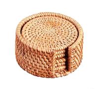 Handwoven Natural Wicker Coasters Set of 6 with Storage Rack, Round Straw Trivet Mats for Hot Cold Drinks, Heat Resistant Table Protectors, Khaki, 8cm Diameter