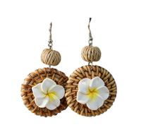 Handwoven Raffia Plumeria Earrings - Tropical Polymer Clay Flower Dangles, Beach Bohemian Jewelry for Women, Vacation & Summer, Brass, No Gemstone