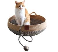 Handwoven Rattan Bed Cat Bed with Cooling Mat and Cotton Mat, Foldable Sleeping Nest Basket Handmade Natural Cradle Scratcher Cuddler for Kitten Cute Style with a Playing Rope Ball(Small)