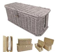 Handwoven Rattan Cable Management Box, Decorative Cord Hiding Basket with Safety Lock, Wicker Cable Management Box, Large Boho Style Wire Hider for Home, Office (Gray,S)