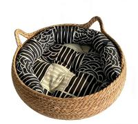 Handwoven Rattan Cat Bed, Donut Shape, Removable Washable, Four Seasons, Warm Pet Nest for Cats