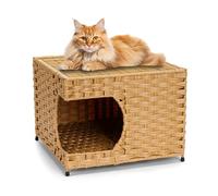 Handwoven Rattan Cat House for Indoor Cats -Cozy Kitten Cave with Double-Sided Soft Cushion, Decorative Pet Bed Furniture (Rattan Yellow, Medium)