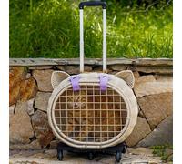 Handwoven Rattan Pet Stroller w/Wheels and Telescopic Handle, Outdoor Pet Trolley Case, Portable Rolling Cat Carrier for Walking, Travel(White)