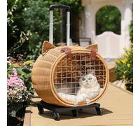 Handwoven Rattan Pet Stroller w/Wheels and Telescopic Handle, Outdoor Pet Trolley Case, Portable Rolling Cat Carrier for Walking, Travel(Brown)
