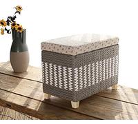 Handwoven Rattan Storage Basket Ottoman - Multifunctional Wicker Footstool with Solid Wood Base Ideal for Living Room nization - Black 50x30x30cm