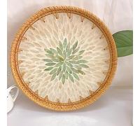 Handwoven Rattan Tray with Mother of Pearl Inlay, Decorative Round Serving Tray with Wooden Base, Wicker Baskets for Coffee Table Decor, Chic Home Accent