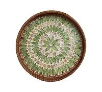 Handwoven Rattan Tray with Mother of Pearl Inlay, Round Decorative Serving Tray, Wooden Base, Chic Woven Basket for Coffee Table, Dining Table Decor