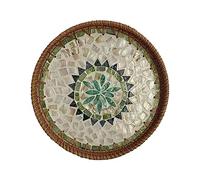 Handwoven Rattan Tray with Mother of Pearl Inlays, Decorative Round Serving Tray with Wooden Base, Stylish Wicker Basket for Coffee Table Decor