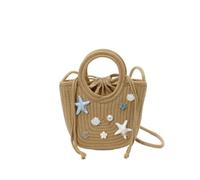 Handwoven Rope Bucket Bag for Women with Starfish Shell Pearl Decor | Medium Drawstring Shoulder Bag with Detachable Strap and Top Handle | Summer Beach Vacation Casual Daily Essential