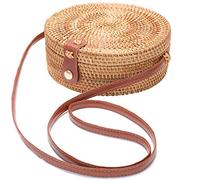 Handwoven Round Rattan Bag Shoulder Leather Straps Natural Chic Hand