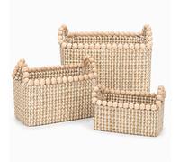 Handwoven Seagrass Storage Baskets, Set of 3 Decorative Organiser Bins with Wood Bead Handles - Vietnamese Woven Baskets for Entryway, Bathroom, Bedroom & Living Room