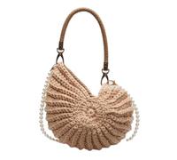 Handwoven Seashell Bag for Women Crochet Beach Bag Boho Clutch with Pearl Strap Leather Handle Unique Design 2025, Khaki, M
