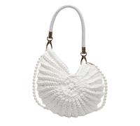 Handwoven Seashell Bag for Women Crochet Beach Bag Boho Clutch with Pearl Strap Leather Handle Unique Design 2025, White, M
