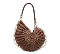Handwoven Seashell Bag for Women Crochet Beach Bag Boho Clutch with Pearl Strap Leather Handle Unique Design 2025, Coffee, M
