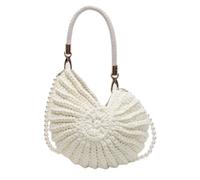 Handwoven Seashell Bag for Women Crochet Beach Bag Boho Clutch with Pearl Strap Leather Handle Unique Design 2025, Beige, M