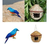 Handwoven Straw Bird Nest House with Blue Birds Eco-Friendly Hatching Breeding Grass Cave for Garden Decoration