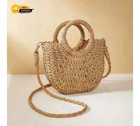 Handwoven Straw Rattan Half-Moon Beach Handbag Large Capacity Women Summer Hollo