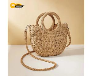 Handwoven Straw Rattan Half-Moon Beach Handbag Large Capacity Women Summer Hollo