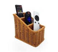 Handwoven Wicker Remote Control Holder,Rustic Rattan TV Remote Caddy Storage Box for Table, Farmhouse Desk Organizer Office Supplies,Makeup Brush Holder,Utensil Caddy (Golden Oak, Small - 3 Comp.)