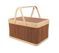 Handwoven Wooden Picnic Basket with Lid - Decorative Storage for Snacks, Fruits, and Bread with Folding Handles