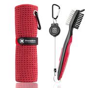 Handy Picks Golf Towel Microfiber Waffle Pattern Golf Towel (Easy Storage) with Carabiner - Club Brush with Club Groove Cleaner and Retractable Clip - Essential Golf Combo Cleaning Kit (Red)