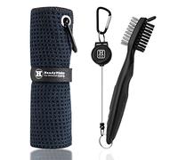 Handy Picks Golf Towel Microfiber Waffle Pattern Golf Towel (Easy Storage) with Carabiner - Club Brush with Club Groove Cleaner and Retractable Clip - Essential Golf Combo Cleaning Kit (Black)