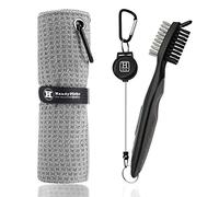 Handy Picks Golf Towel Microfiber Waffle Pattern Golf Towel (Easy Storage) with Carabiner - Club Brush with Club Groove Cleaner and Retractable Clip - Essential Golf Combo Cleaning Kit (Grey)