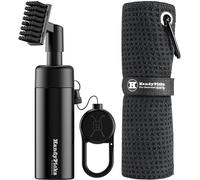 Handy Picks Golf Water Brush - Reinforced Brush Head - 5.5 OZ Pump Jetting Water - Heavy Duty Metal Retractable Magnetic Clip n Premium Microfiber Golf Towel - The Ideal Golf Cleaning Combo Kit Black