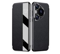 Handyhülle Für Huawei Pura 80 Ultra/80 Pro +/80 Pro/80, Smart Clear View Fenster Echtes Leder Flip Schutzhülle Luxus Stoßfest Hülle,Schwarz,80 Pro +