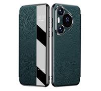 Handyhülle Für Huawei Pura 80 Ultra/80 Pro +/80 Pro/80, Smart Clear View Fenster Echtes Leder Flip Schutzhülle Luxus Stoßfest Hülle,Grün,80 Pro +