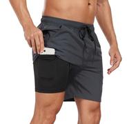 HANERDUN Men's Swim Shorts Swimming Trunks Board Shorts 2-in-1 Compression Liner Quick Dry Beach Shorts with Pockets Grey