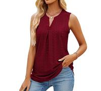 HANERDUN Women Hollow Out Tank Tops Pleated V Neck Sleeveless Summer Shirts Blouse Loose Casual Vest Tops WineRed