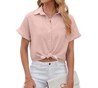 HANERDUN Womens Casual Short Sleeve Top Chiffon Short Sleeve Shirt Elegant Buttons Down V-Neck Blouse A-Pink