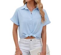 HANERDUN Womens Casual Short Sleeve Top Chiffon Short Sleeve Shirt Elegant Buttons Down V-Neck Blouse A-Sky Blue